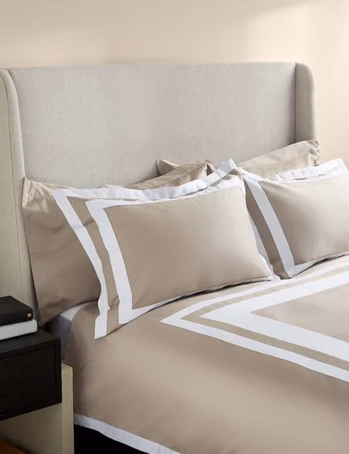 M&S x Kelly Hoppen Pure Cotton Double Border Bedding Set, Beige, W: 140 cm x L: 200 cm