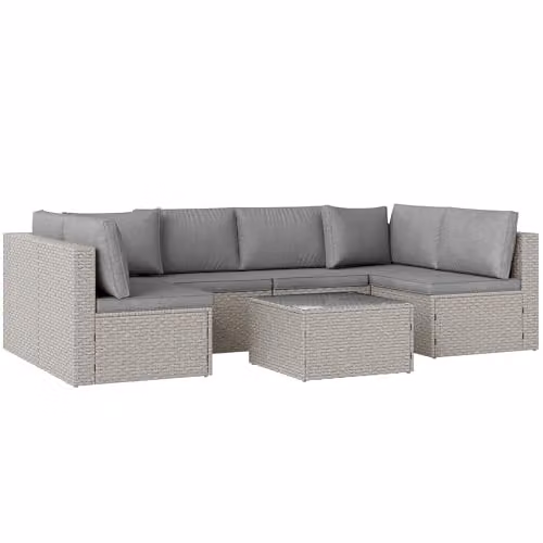 Outsunny 7 Piece Grey Rattan Garden Furniture Set with Upholstered Cushions and Coffee Table for 6 Adults – 1