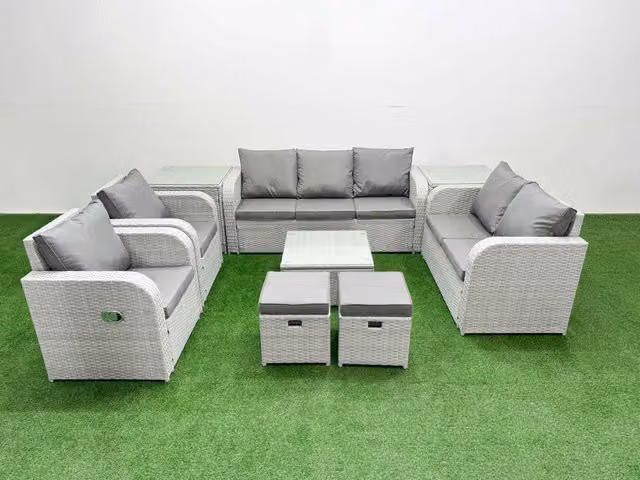 Fimous Grey PE Rattan Garden Furniture Set with Adjustable Chairs, Double Love Seat, Square Coffee Table, 2 Stools and 2 Side Tables