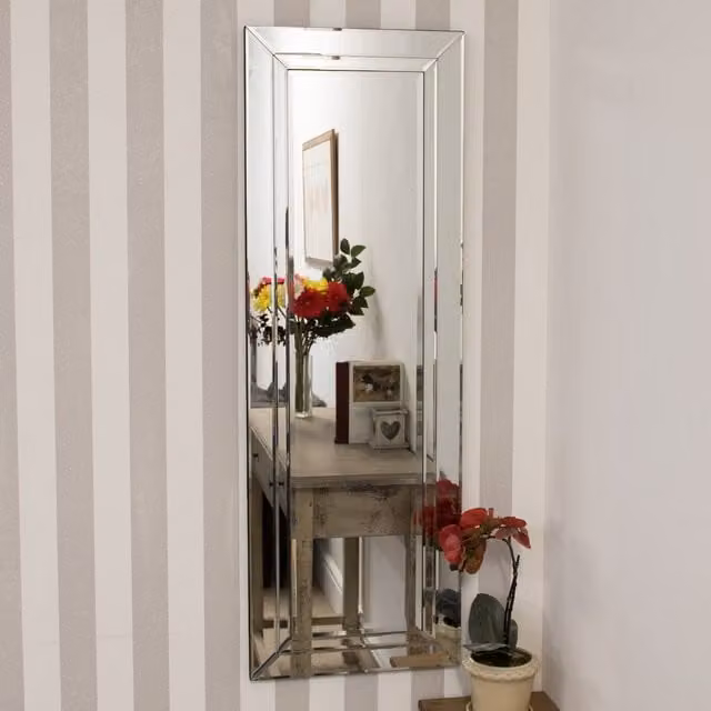 MirrorOutlet Pennington Mitred All Glass Venetian Wall Mirror in Silver, W/H: 120 x 40 cm