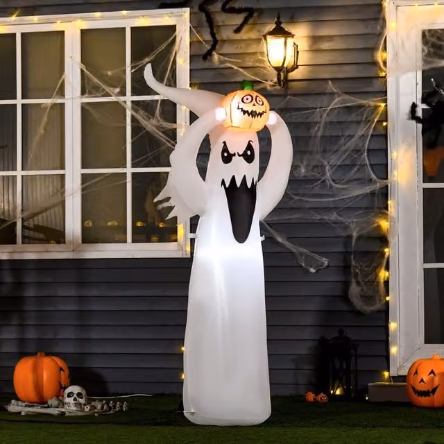 HOMCOM LED Floating Ghost Pumpkin Halloween Decoration, Multicolour and White, Mains Powered