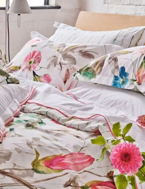 Designers Guild Pure Cotton Percale Floral Pillowcase Set in Pink and Multicolour