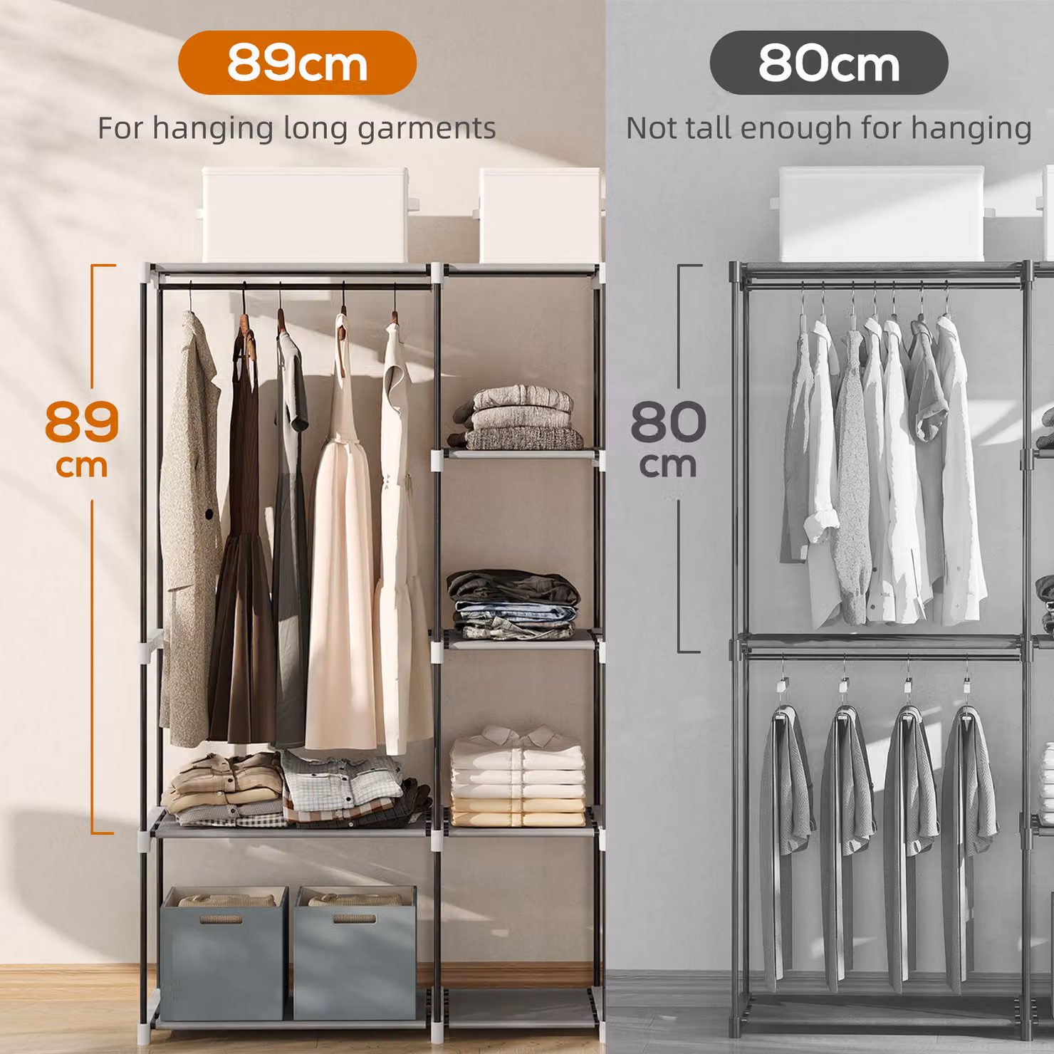 HOMCOM Portable Open Clothes Wardrobe with 8 Shelves and 3 Hanging Rails in Light Grey – 3