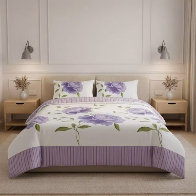 Snug City Reversible Floral Duvet Set and Pillowcase in Purple, Double, 140 x 200 cm