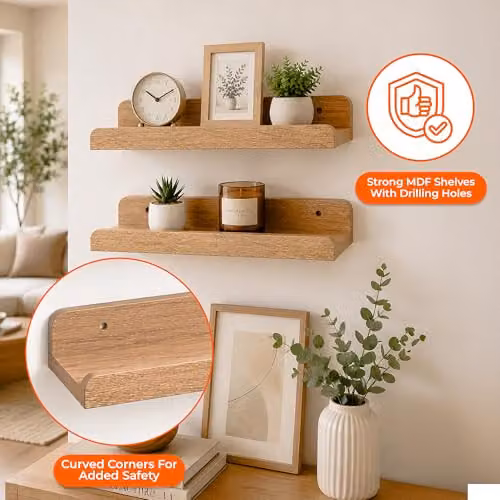 Innoteck Set of 2 Oak Floating Wall Shelves with U Shaped Design in Brown MDF – 2