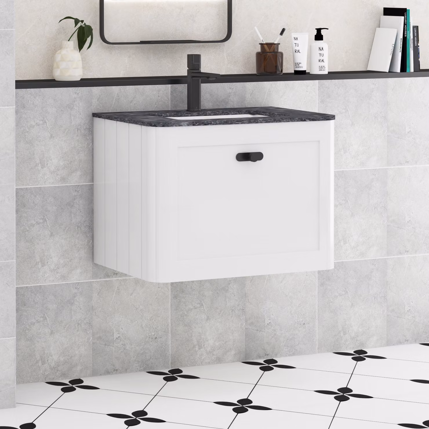 Royal Bathrooms Henley 600mm Gloss White Wall Hung Vanity Unit with Black Star Stone Top and Matt Black Knob