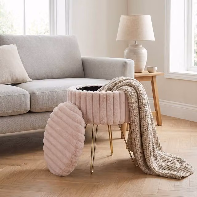 GAVENO CAVAILIA Ribbed Hairpin Storage Stool in Pink with Removable Fabric Cover