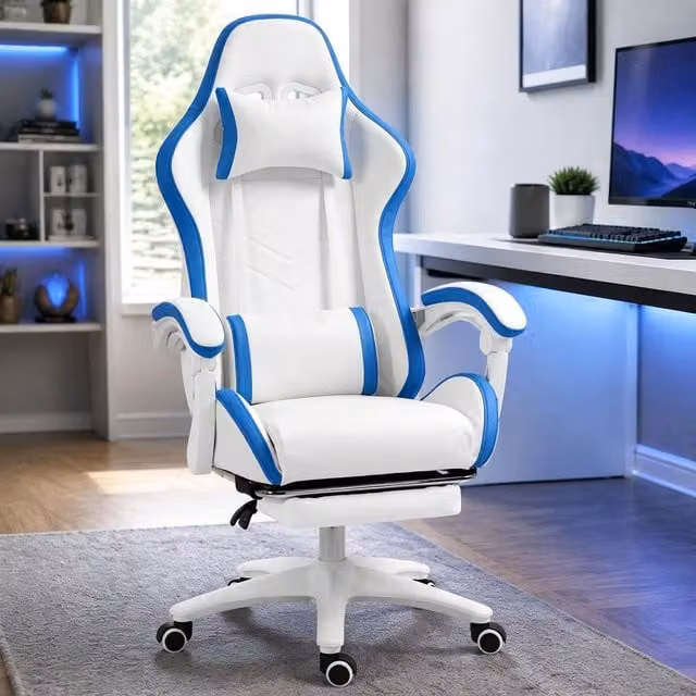 STILVORA White and Blue Gaming Chair with Reclining Back, Footrest, and Headrest – 1