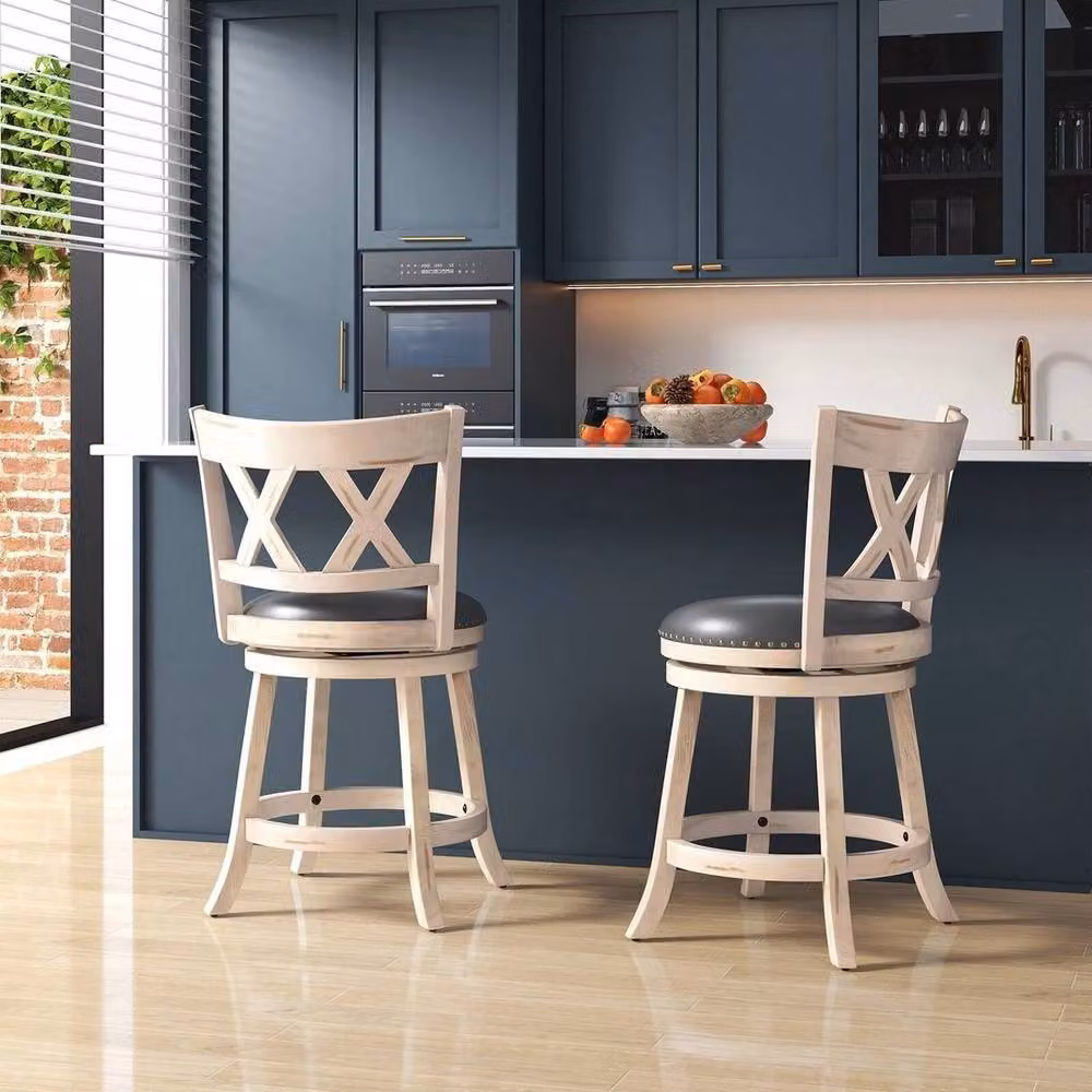 NESTLUNE 2-Pack Grey 360 Degree Swivelling Counter Height Bar Stools with Synthetic Leather Upholstery – 5