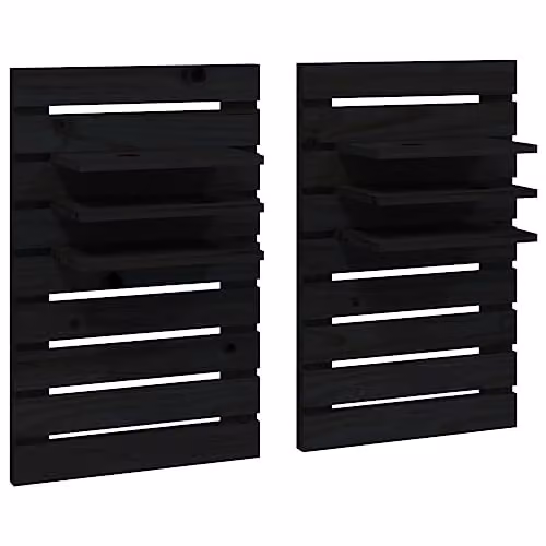 vidaXL Set of 2 Black Solid Pine Wood Wall-Mounted Bedside Shelves