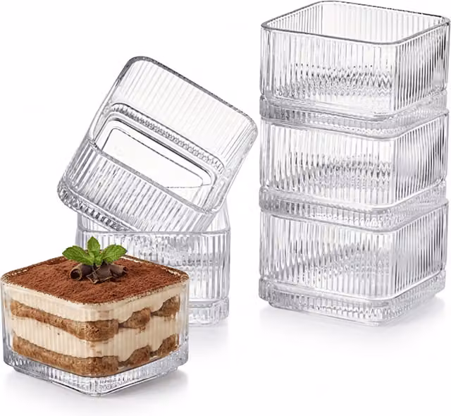 Eden & Willow Set of 6 Stackable Square Ribbed Glass Dip and Dessert Bowls in Transparent