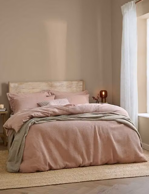 YARD Hebden Waffle Bedding Set in Soft Pink, Pure Cotton Percale, 200 x 200 cm
