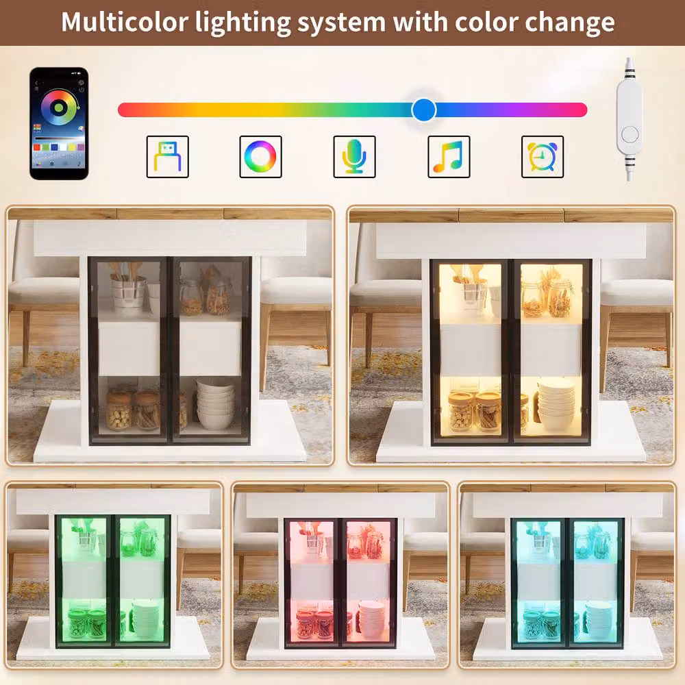 STILVORA Extendable Rectangular Dining Table with RGB LED and Storage in White and Transparent – 4