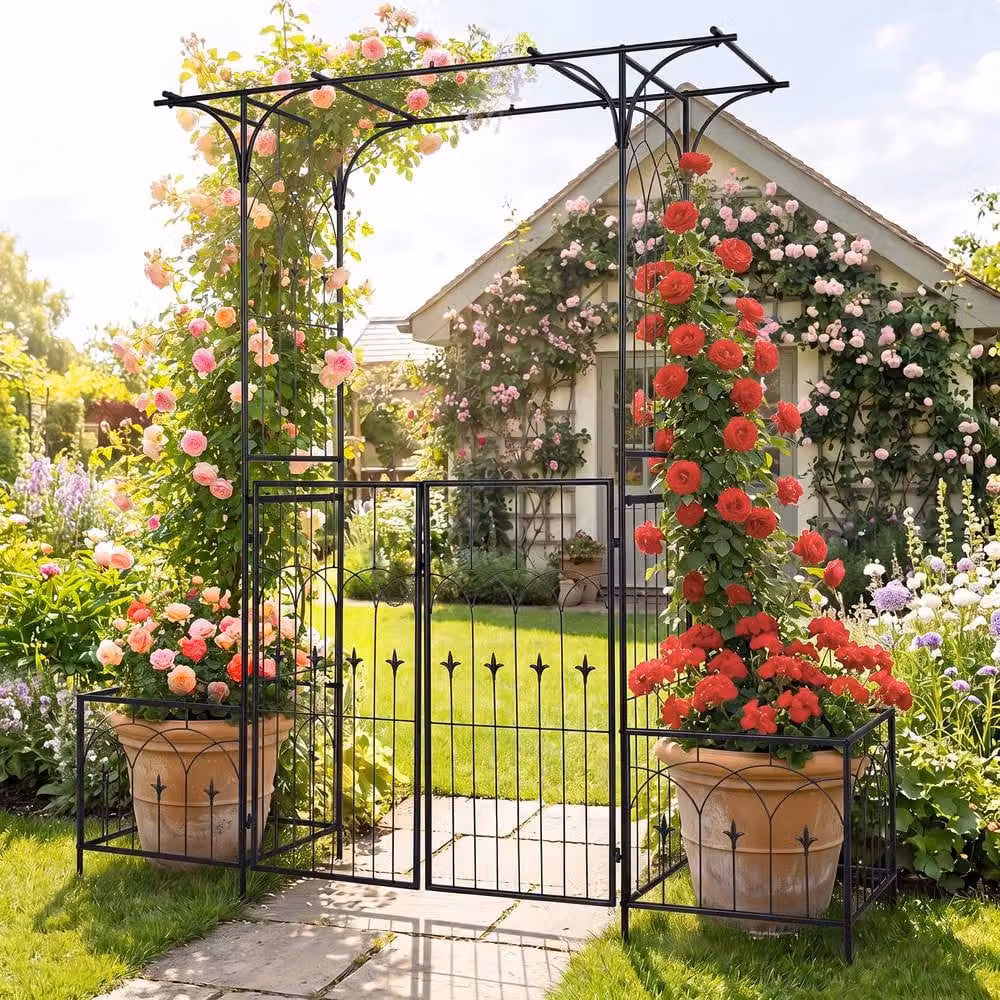 Gymax Metal Garden Wedding Arch with Gate, Planter Boxes and Side Plant Trellis in Black – 3