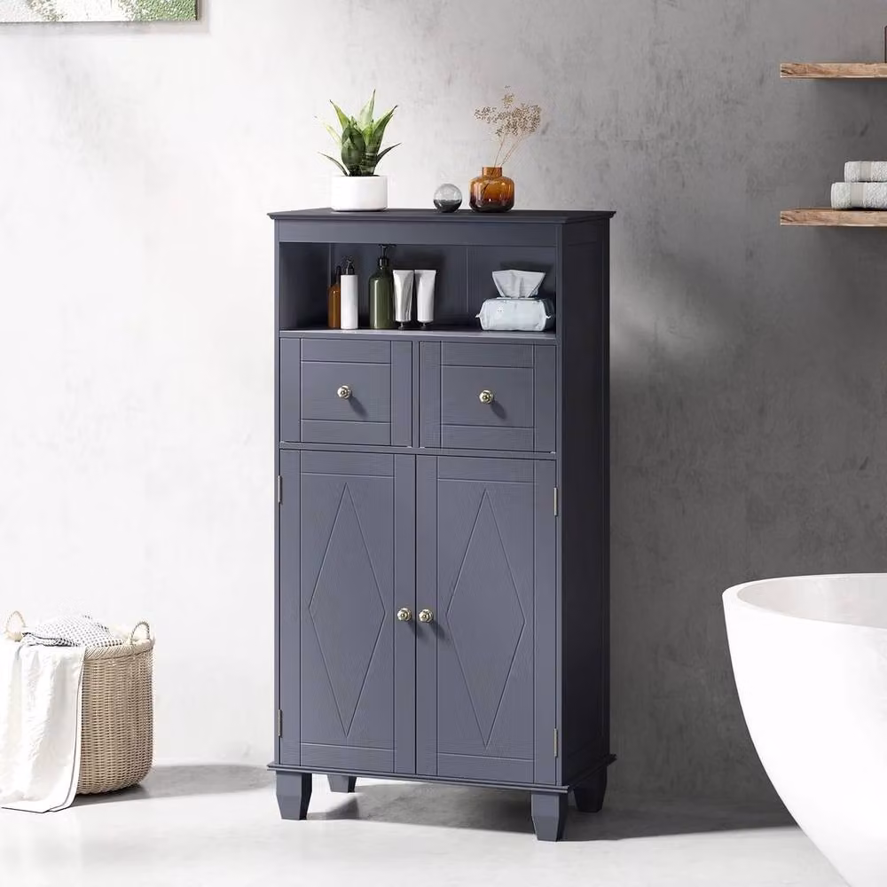 Kelvenix Modern Grey Freestanding Pine Wood Storage Organiser with Doors and Shelves – 5