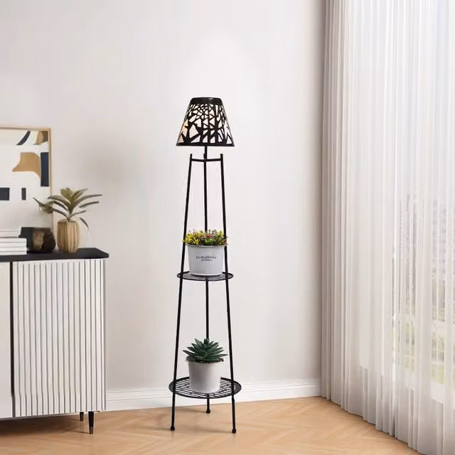 Breeins Double Tier Solar Powered Metal Garden Plant Stand with Integrated LED Lights in Black