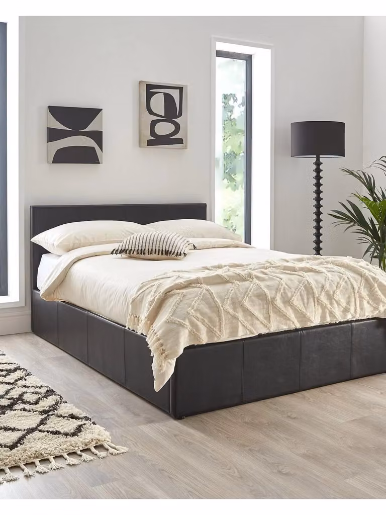 Marston Single Ottoman Bed in Black Faux Leather with Hydraulic Lift Storage W/D/H: 100 x 200 cm