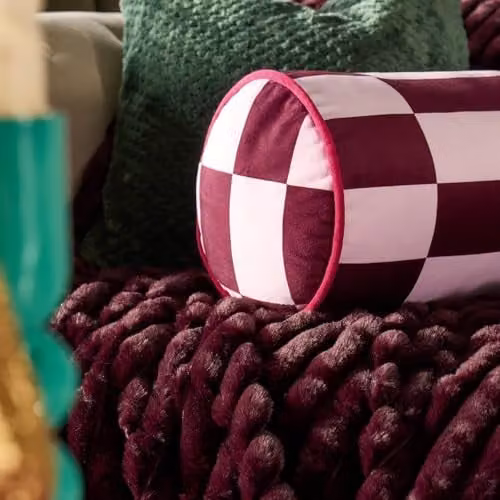 OHS Checkerboard Matte Velvet Bolster Pillow in Pink and Red, 46 x 20 cm – 2