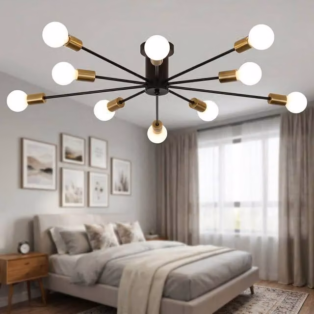 NIVOR Mid Century 10-Light Sputnik Chandelier in Black and Gold/Brass with E27 Ceiling Lamp