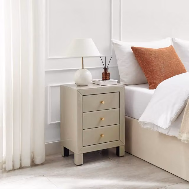 FurnitureboxUK Lexi Large Slimline 3 Drawer Mirrored Bedside Table in Beige – 1