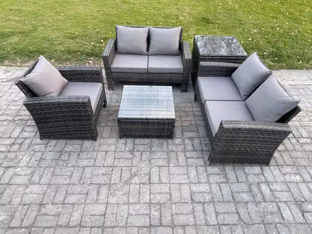 Fimous Modern Rattan Garden Furniture Set with Sofa, Coffee Table, Chair and Side Table in Dark Grey Mixed