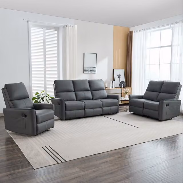 More4Homes Madrid 6-Seater Manual Air Leather Recliner Sofa Set in Grey