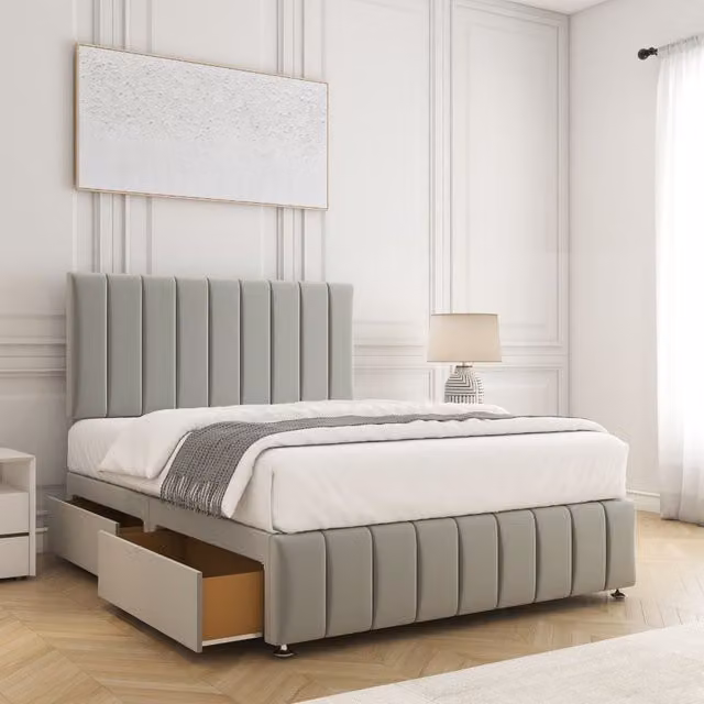BSSPOKE Sierra Plush Small Double Divan Bed Set with 24 inch Headboard, 2 Drawers and Mattress in Silver