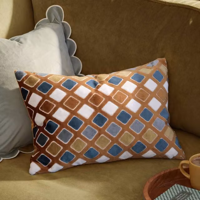 Furn Metro Diamond Velvet Rectangular Cushion in Orange, W: 60 cm, H: 40 cm, D: 40 cm
