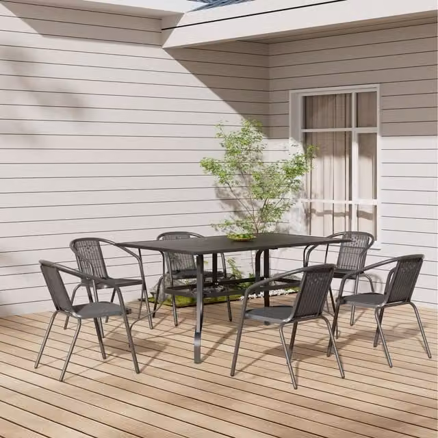 Livingandhome Modern Garden Set with Metal Slatted Table and 6 Rattan Chairs, Dark Grey and Black, W: 120 cm