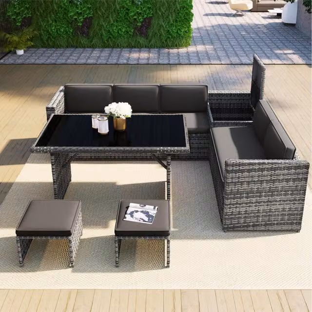 Home Touch Interior 7-Seater Rattan Garden Corner Sofa Set in Grey and Black