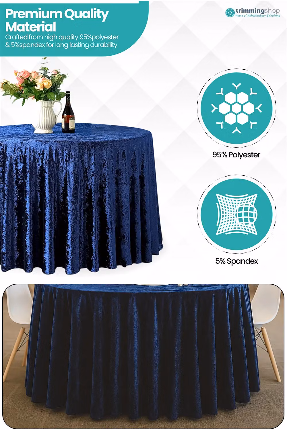 Neel Blue Diamond Velvet Round Tablecloth in Navy Blue, Diameter: 274.32 cm – 3