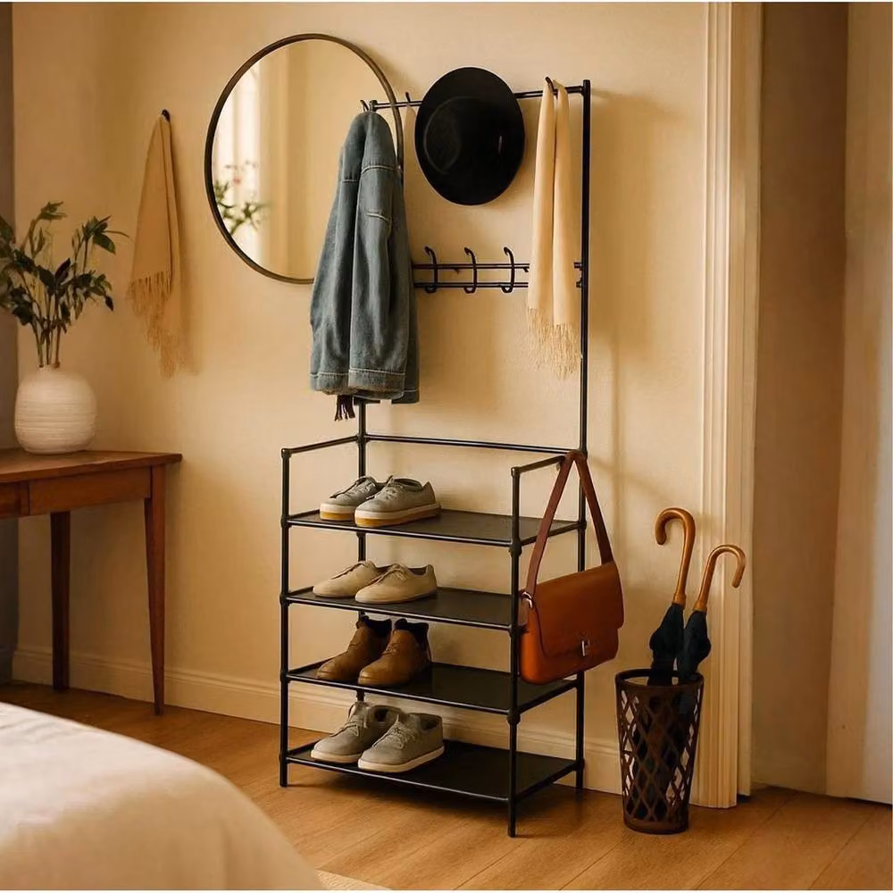 KORVIXA Modern Metal Hall Tree with Bench and 8 Hooks in Matt Black, W/D/H: 100 x 100 x 100 cm – 4