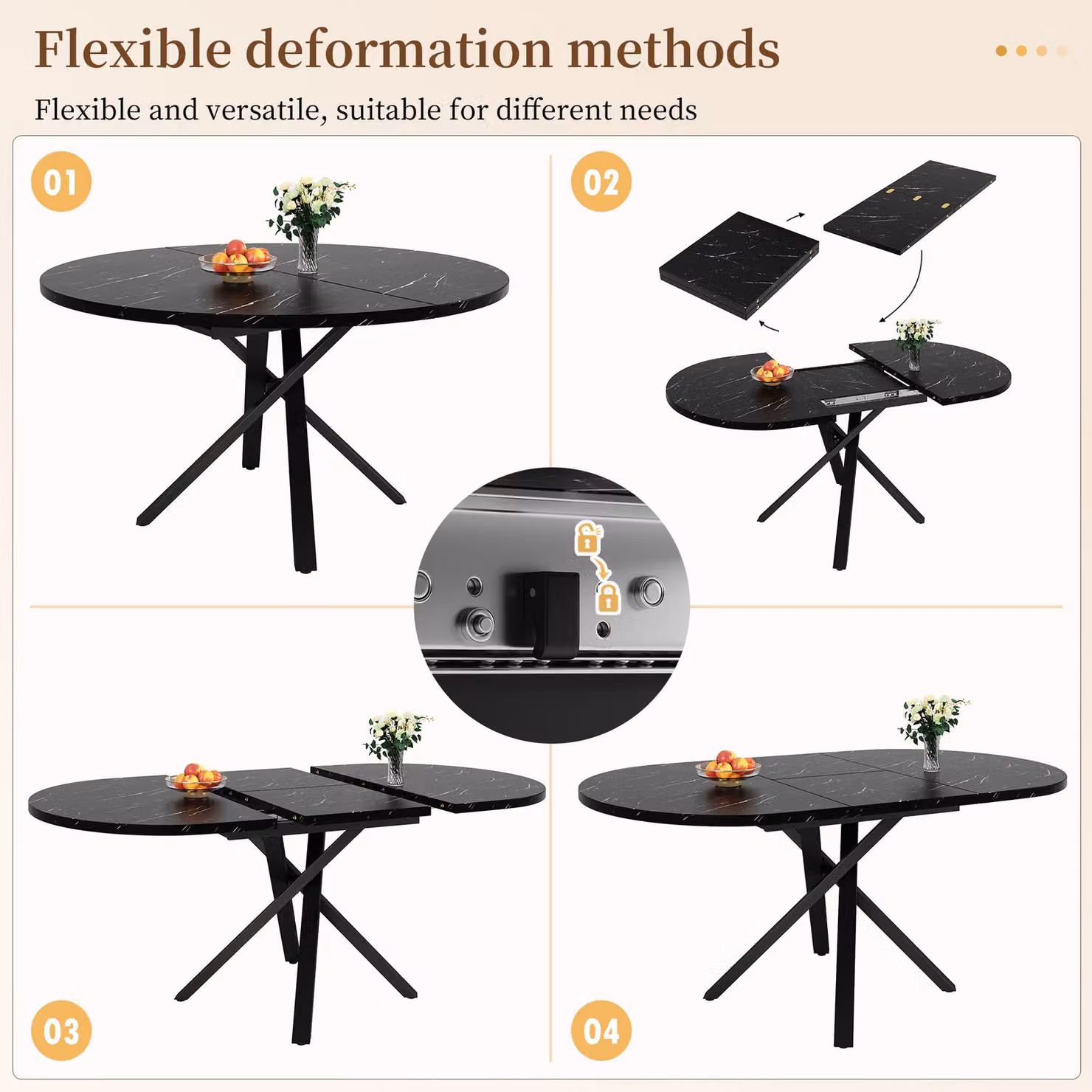 Aosom UK Extendable Round Dining Table with Black Marble-Effect Top and X-Shaped Metal Frame, W: 100 cm, D: 100 cm, H: 75.5 cm – 3