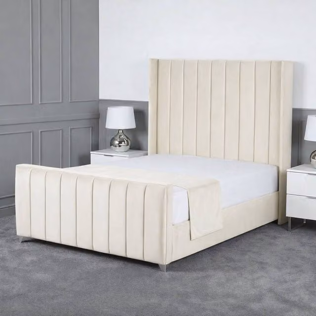 Living Comfort Bedz Imperial Winged Gas Lift Storage Upholstered Velvet Bed in Beige, Super King, 200 x 200 cm