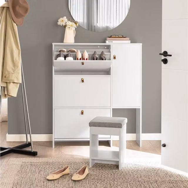 SoBuy Modern White Shoe Storage Cupboard with 3 Drawers, 1 Door and 1 Stool
