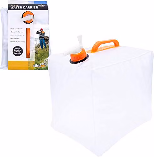 Milestone Camping 15L Collapsible Water Carrier with Tap and Carry Handle, Transparent/White
