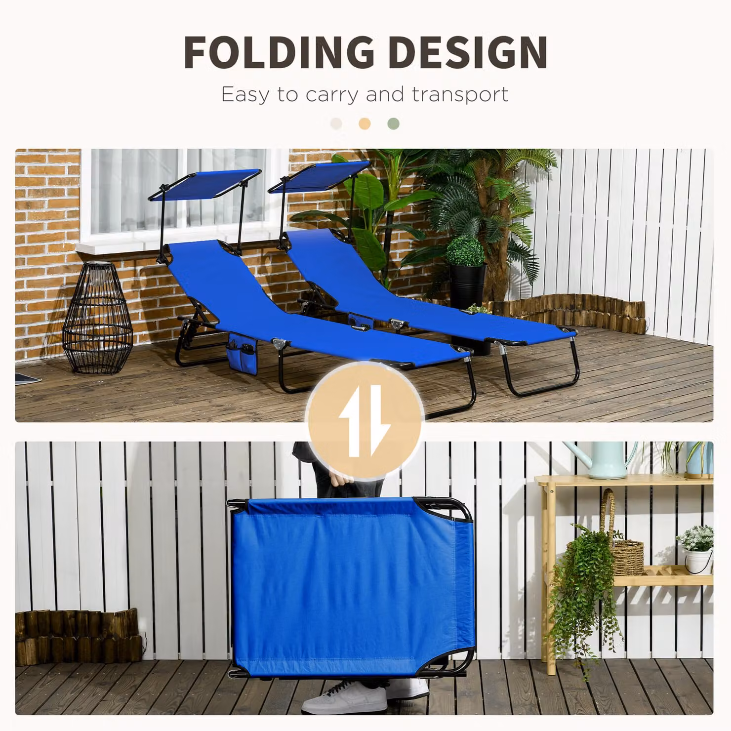 Outsunny 2 Piece Folding Sun Loungers with Canopy in Blue, Adjustable Recliners with Breathable Textilene Mesh – 4