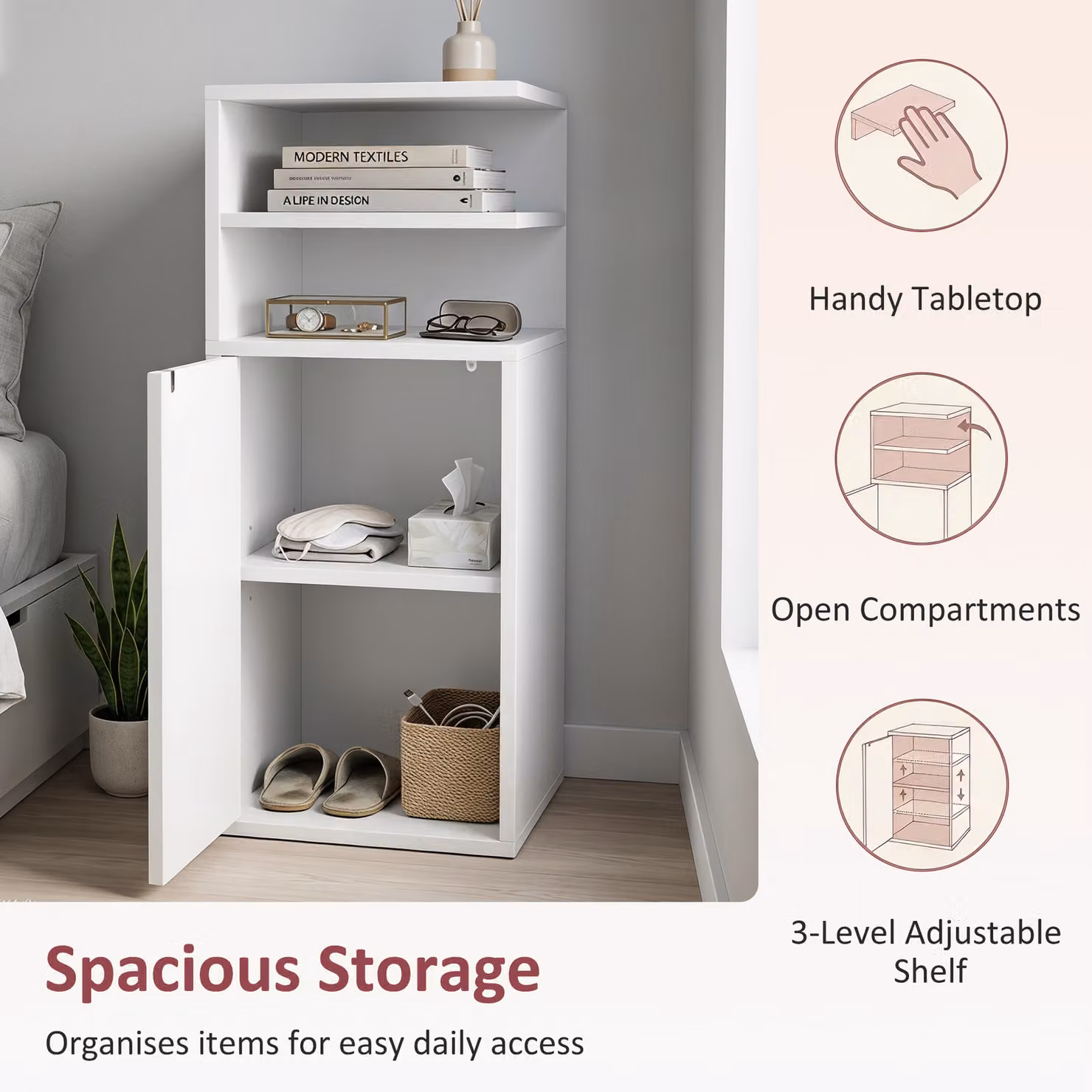 HOMCOM Set of 2 Slim White Bedside Tables with Open Cubbies and Cupboard, W/D/H: 30 x 25 x 60 cm – 3