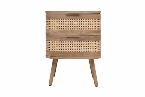 Birlea Noah Rattan and Oak 2 Drawer Bedside Cabinet in Beige and Brown, W/D/H: 45 x 34 x 59 cm