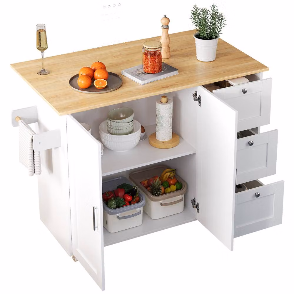 BTM Rolling Kitchen Island with Foldable Top, 3 Drawers and 2 Doors in White and Silver, H 90 x W 70 x D 70 cm – 4