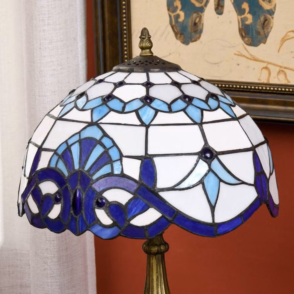 Wyld Haus Repatto Blue and White Handcrafted Stained Glass Table Lamp with Gold/Brass Metal Base, H 48 cm x W 30 cm x D 30 cm – 7