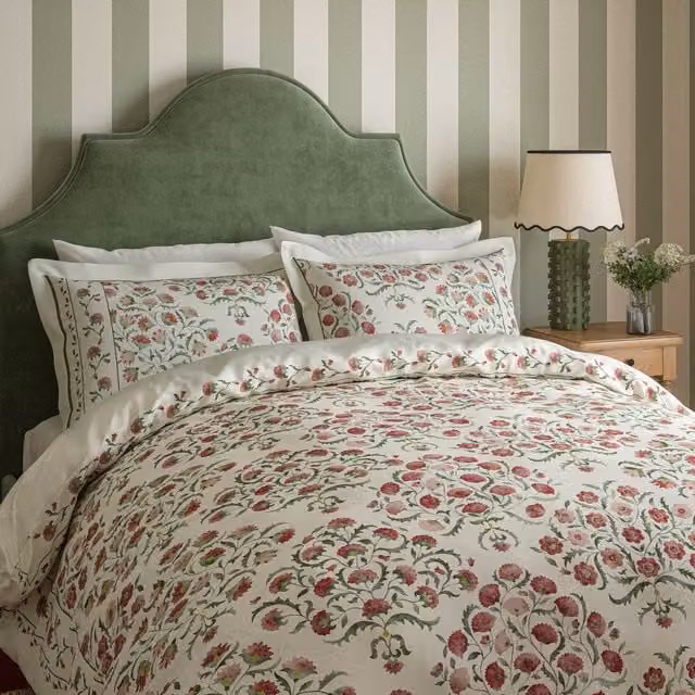 Sanderson Ottoman Floral Mako Satin Cotton Duvet Cover and Pillowcase Set, Multicolour, W: 140 cm, L: 200 cm – 1
