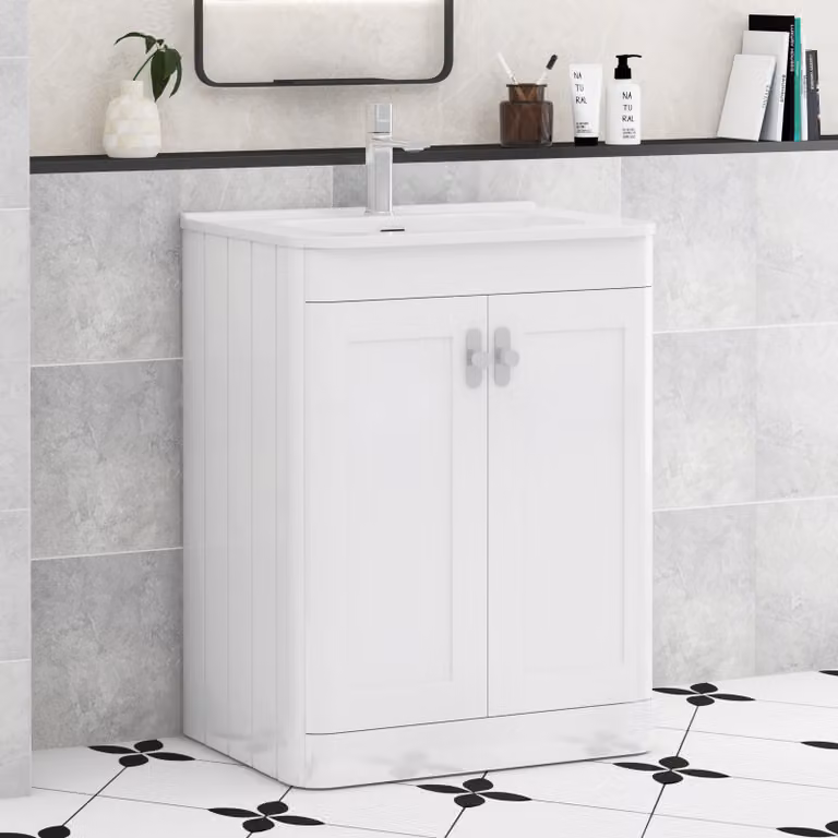 Royal Bathrooms Henley 600mm Gloss White Floor Standing 2 Door Vanity Unit with Ceramic Basin and Chrome Knob