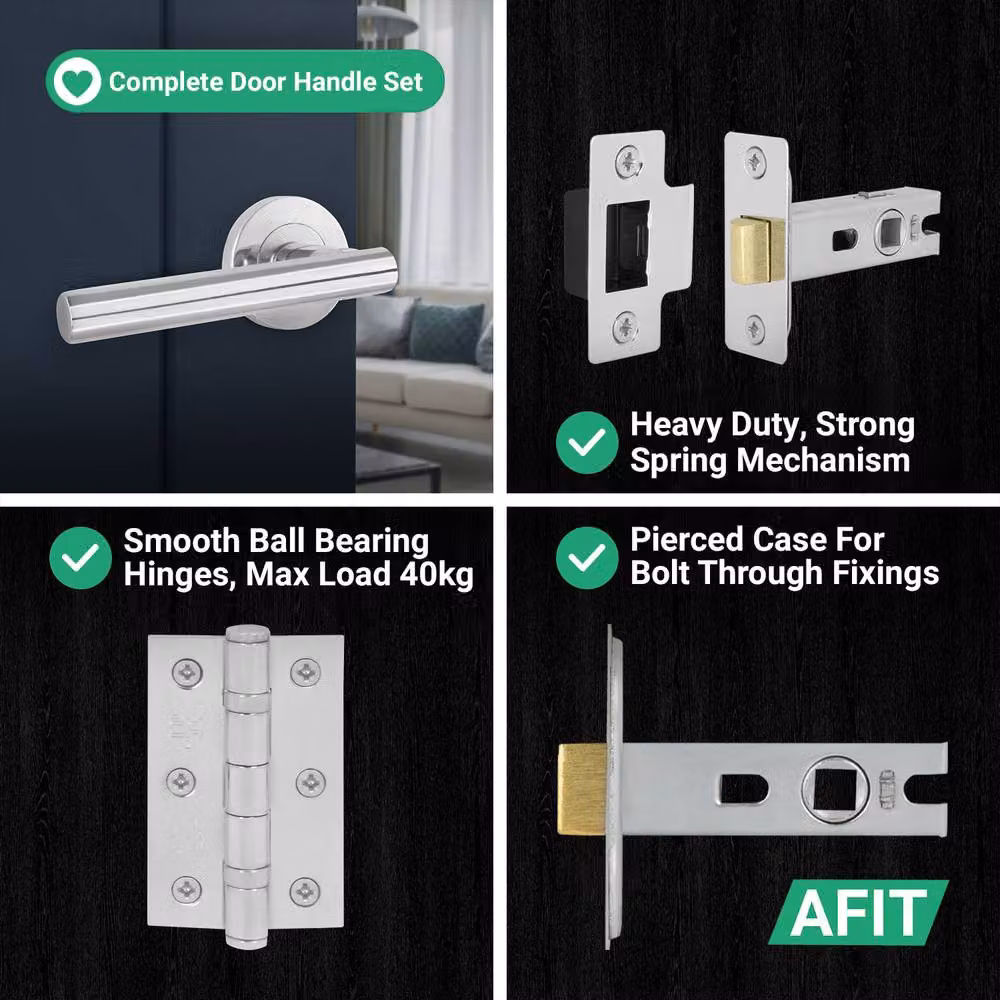 AFIT Chrome T-Bar Door Handles with Round Rose and Latch Hinges, 5 Pack, Silver, Size: 150 x 150 mm – 4
