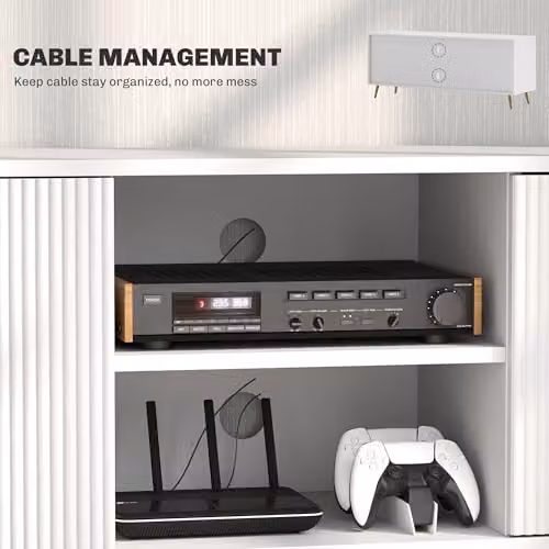 HOMCOM Modern White Fluted TV Stand for TVs up to 55 Inch with Geometric Storage Cabinets – 5