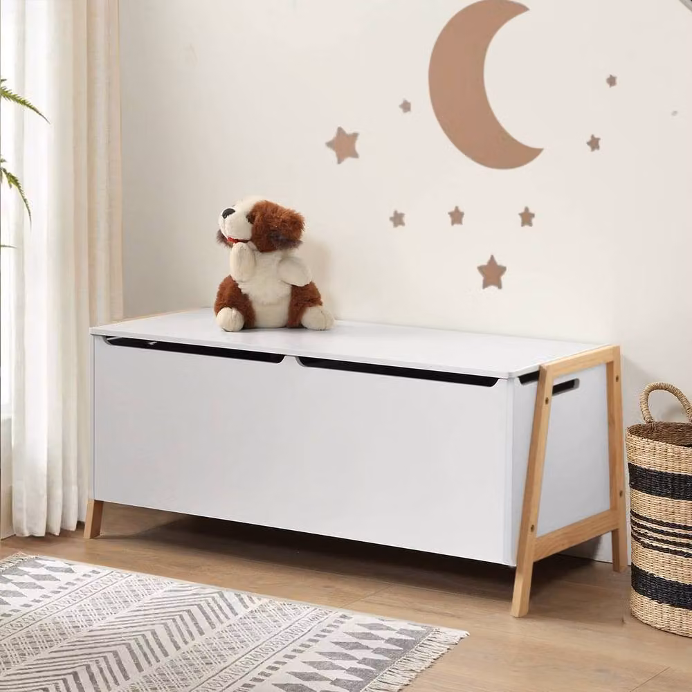 CALICOSY LEON White Childrens Storage Chest with 2 Compartments and Soft Close Lid, W: 99 cm, D: 40 cm, H: 43 cm – 2