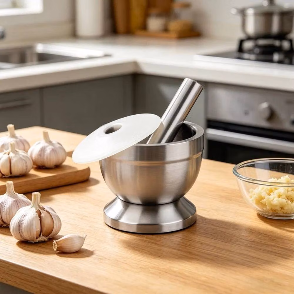 Kelvenix Stainless Steel Manual Garlic Press with Anti-Splash Lid in Silver – 2