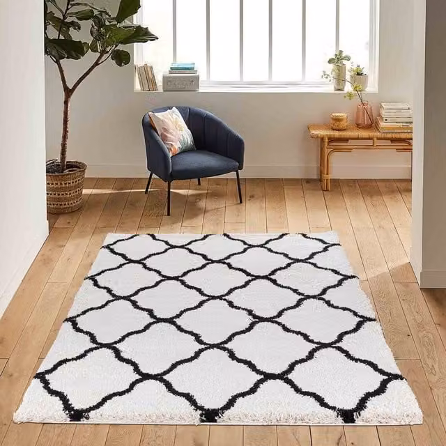 Desire Rugs Moroccan Berber Boho Shaggy Rug with Bold Trellis Design in Grey, Yellow and White, W: 160 cm, L: 230 cm