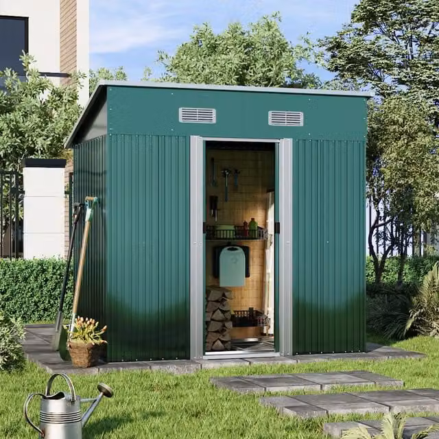 Breeins Metal Pent Garden Storage Shed with Sliding Door, Dark Green