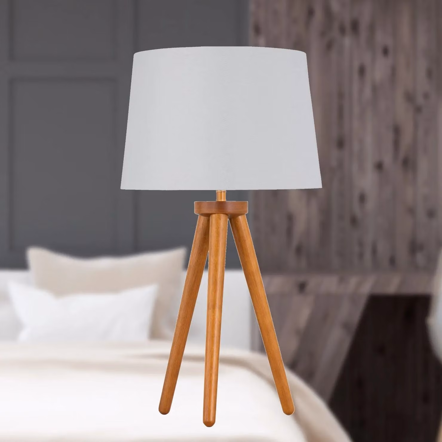 First Choice Lighting Voyage Table Lamp with White and Silver Fabric Shade in Brown Wood, H: 51.0 cm, W: 28.5 cm, D: 28.5 cm – 2